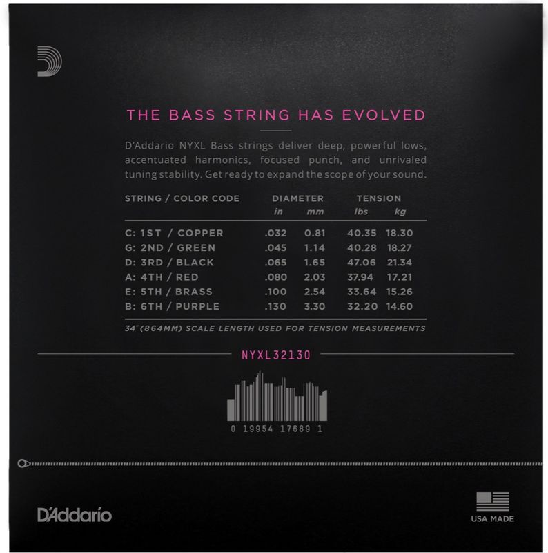 D'Addario NYXL32130 Strängset Elbas NYXL Nickel Wound 032-130 (6-str) Reg. Light
