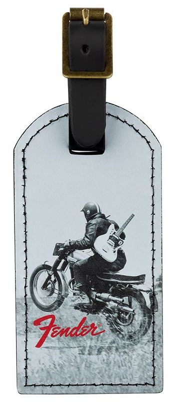Fender vintage ad luggage tag, motorcycle rider