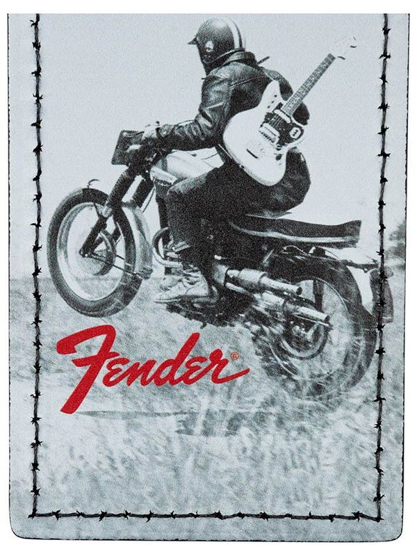 Fender vintage ad luggage tag, motorcycle rider