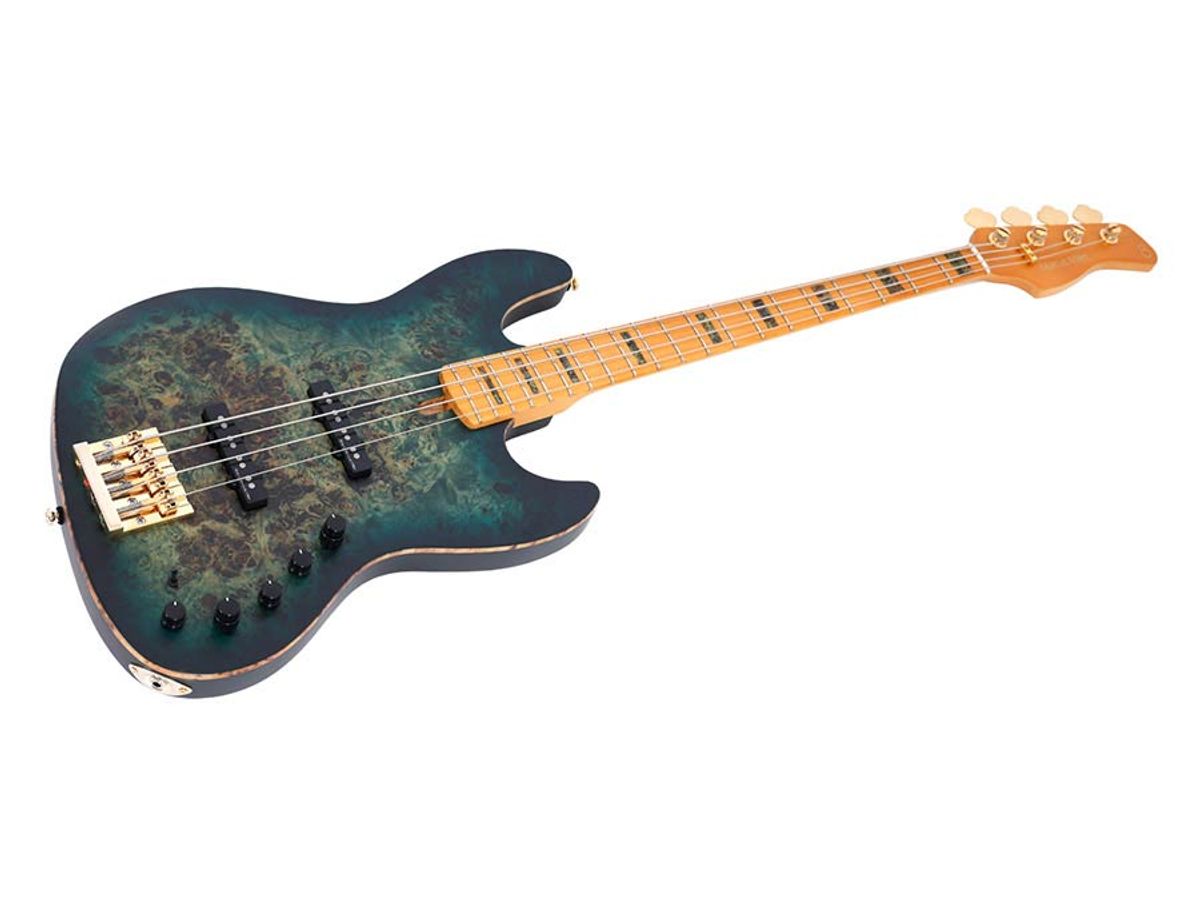 Sire V10 Series Marcus Miller swamp ash + poplar burl 4-string active bass guitar, transparent green satin, with hardcase