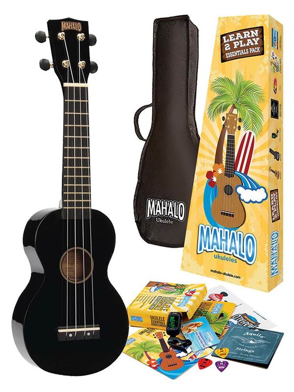Mahalo Rainbow Series, soprano ukulele pack, black, with essentials accessory pack