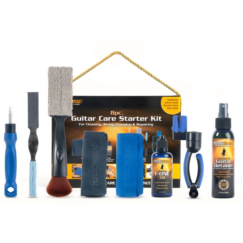 MusicNomad MN299 Guitar Care Kit 8-delt startsett – alt du trenger for å rengjøre, skifte strenger og vedlikeholde gitaren din