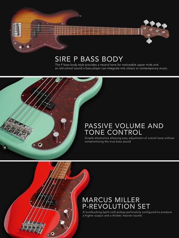 Sire P5 A5/DRD Marcus Miller alder 5-string passive bass guitar dakota red